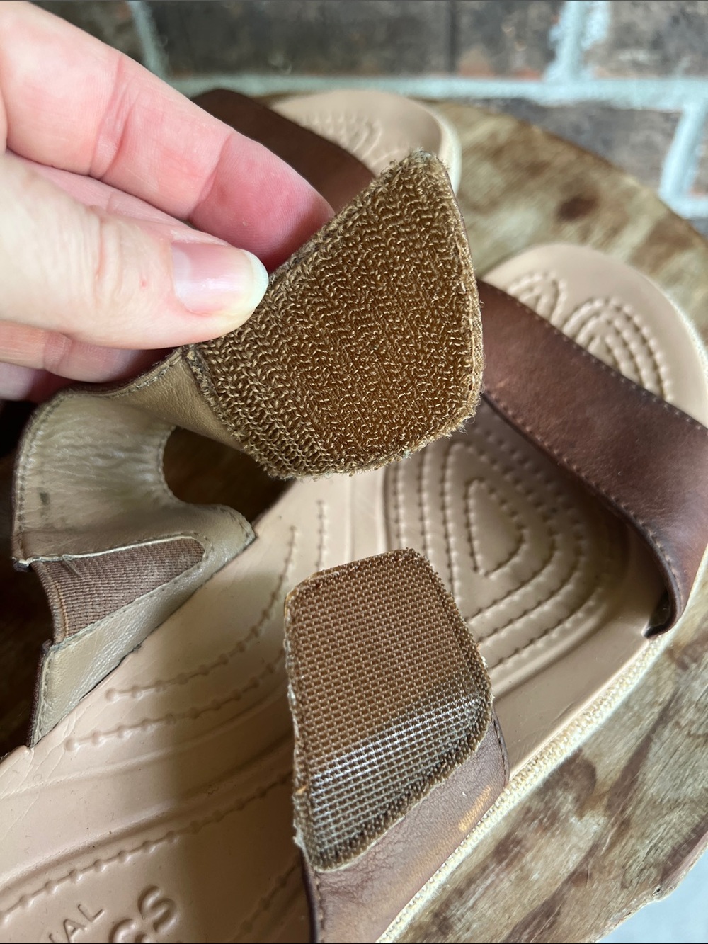 CROCS Brown Leather-Look Double Strap Sandals - Picture 6 of 10